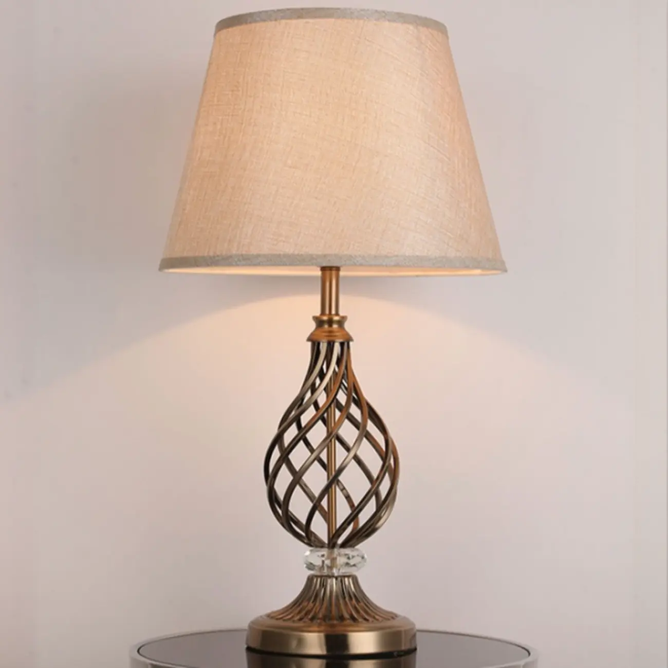 Geometric Fabric LED Bedside Table Lamp Antique Brass Base Image - 4 | homeyfad