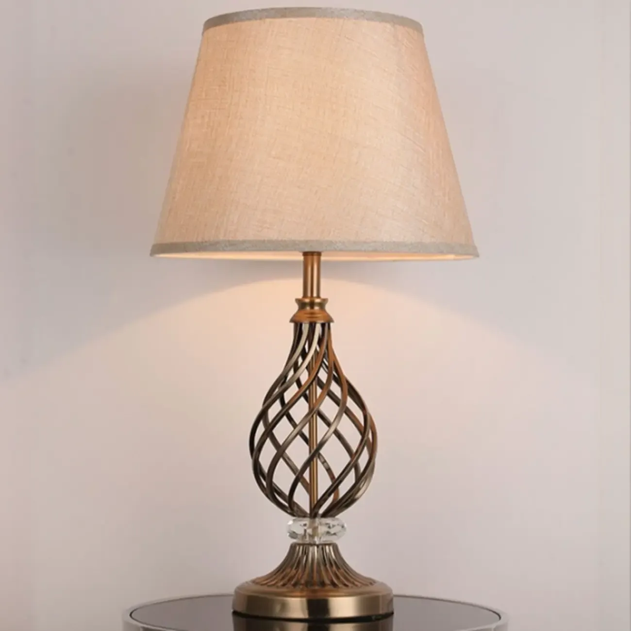 Geometric Fabric LED Bedside Table Lamp Antique Brass Base Image - 4