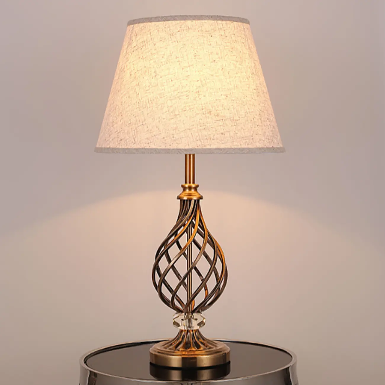 Geometric Fabric LED Bedside Table Lamp Antique Brass Base Image - 6 | homeyfad