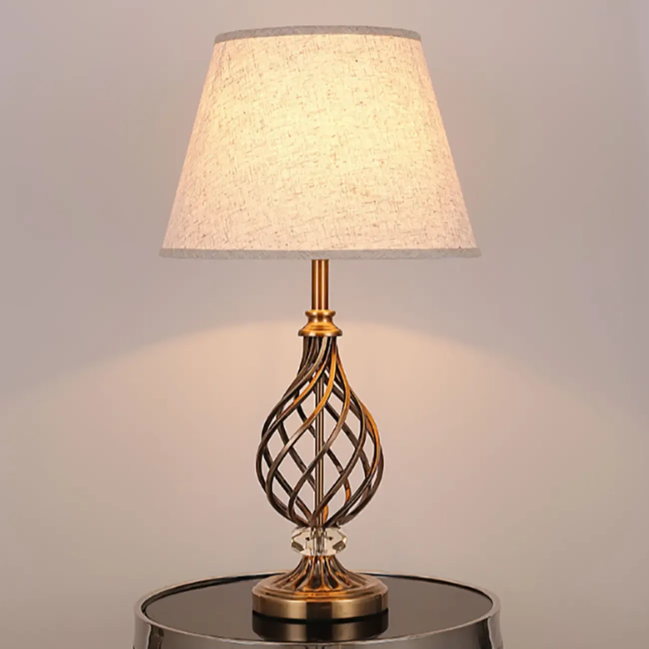 Geometric Fabric LED Bedside Table Lamp Antique Brass Base Image - 6