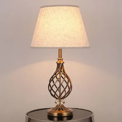 Geometric Fabric LED Bedside Table Lamp Antique Brass Base Image - 6