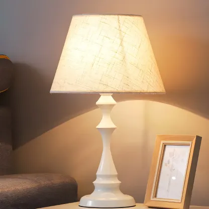 Vintage LED Table Lamp with Fabric Shade, Black Metal Base Image - 2