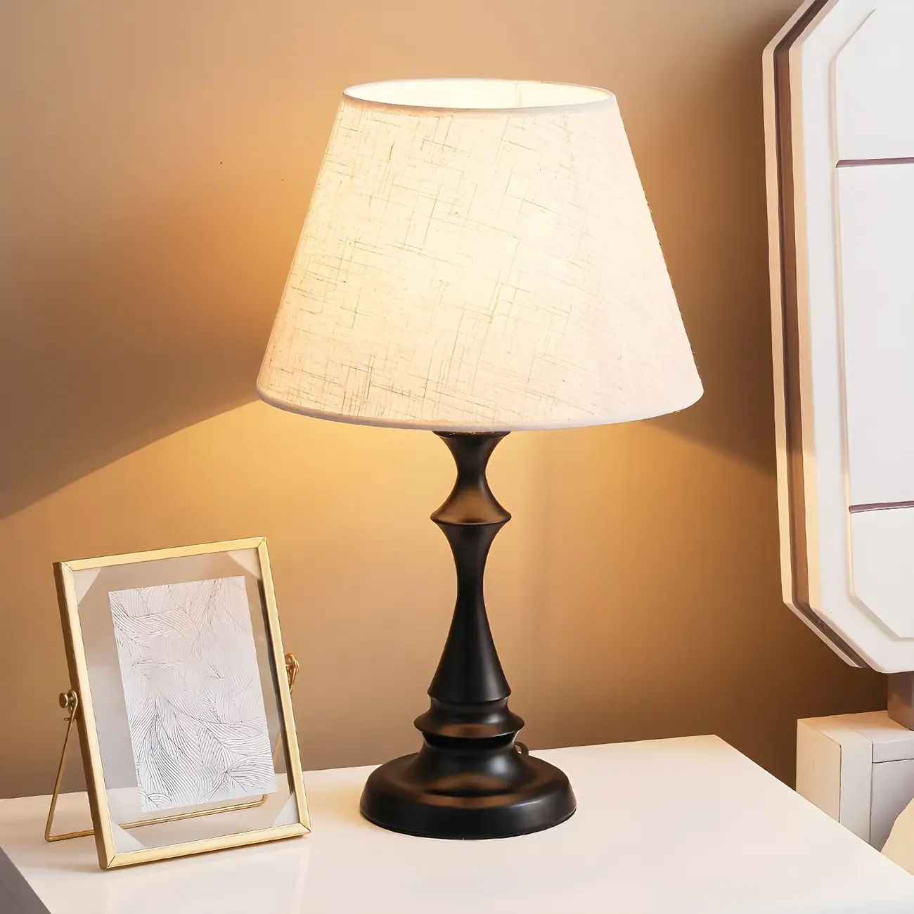 Vintage LED Table Lamp with Fabric Shade, Black Metal Base Image - 3