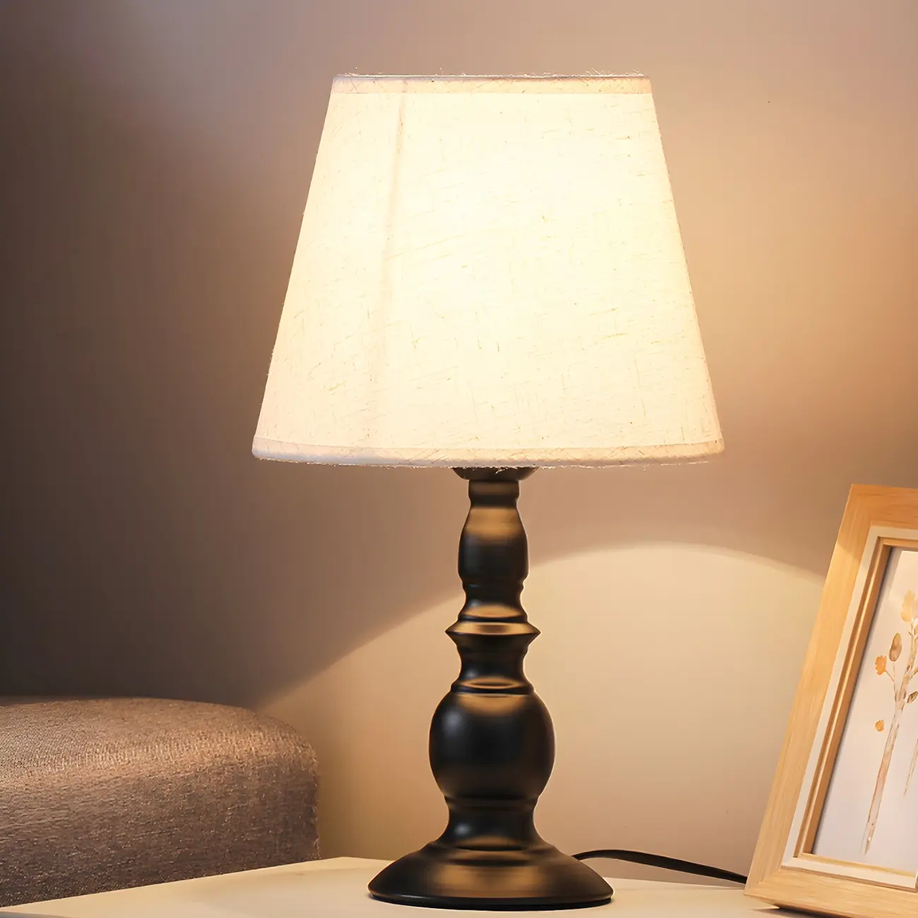 Vintage LED Table Lamp with Fabric Shade, Black Metal Base Image - 4 | homeyfad