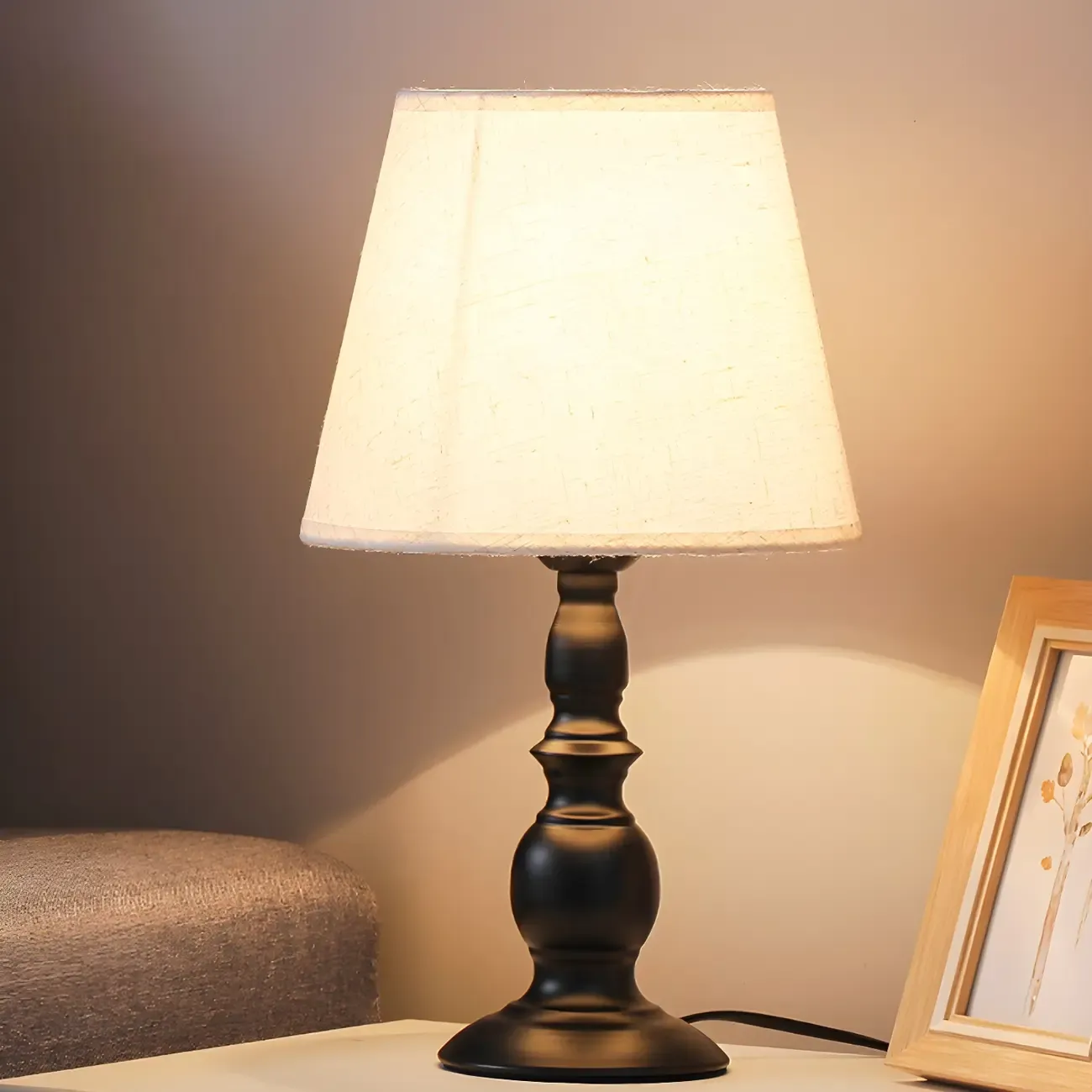 Vintage LED Table Lamp with Fabric Shade, Black Metal Base Image - 4