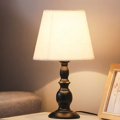 Vintage LED Table Lamp with Fabric Shade, Black Metal Base Image - 4