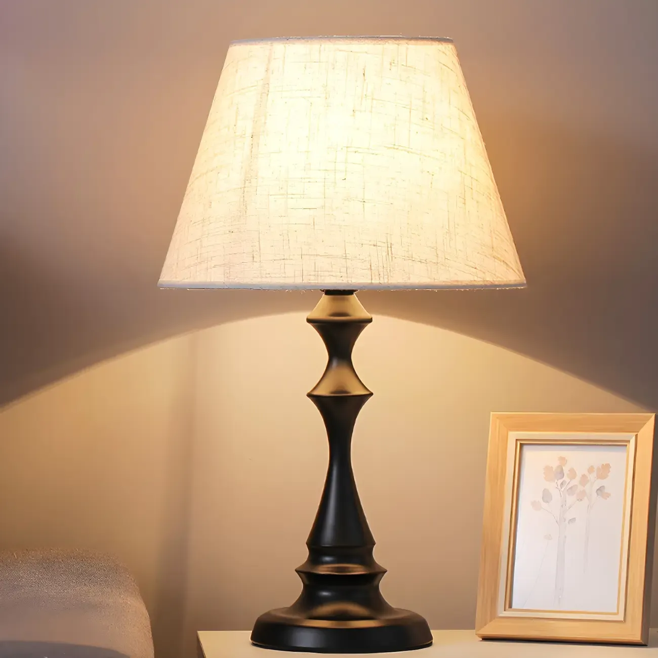 Vintage LED Table Lamp with Fabric Shade, Black Metal Base Image - 5