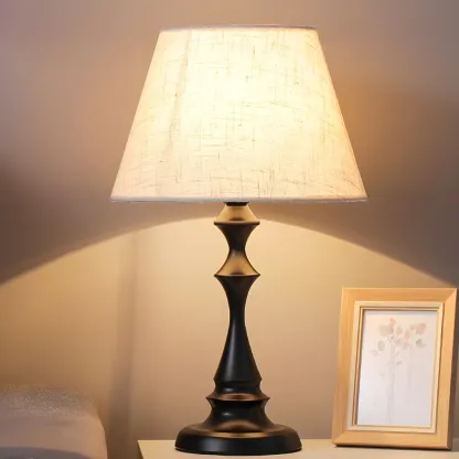 Vintage LED Table Lamp with Fabric Shade, Black Metal Base Image - 5