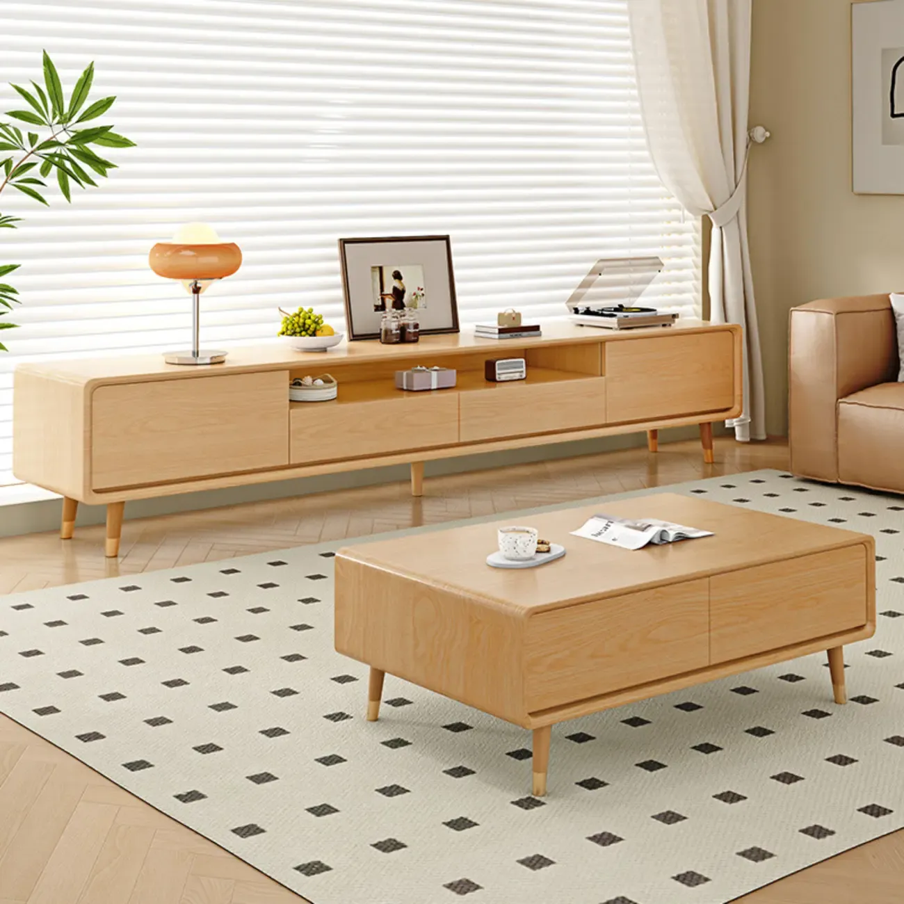 Scandinavian Natural Wood TV Stand with Storage Drawers Image - 4