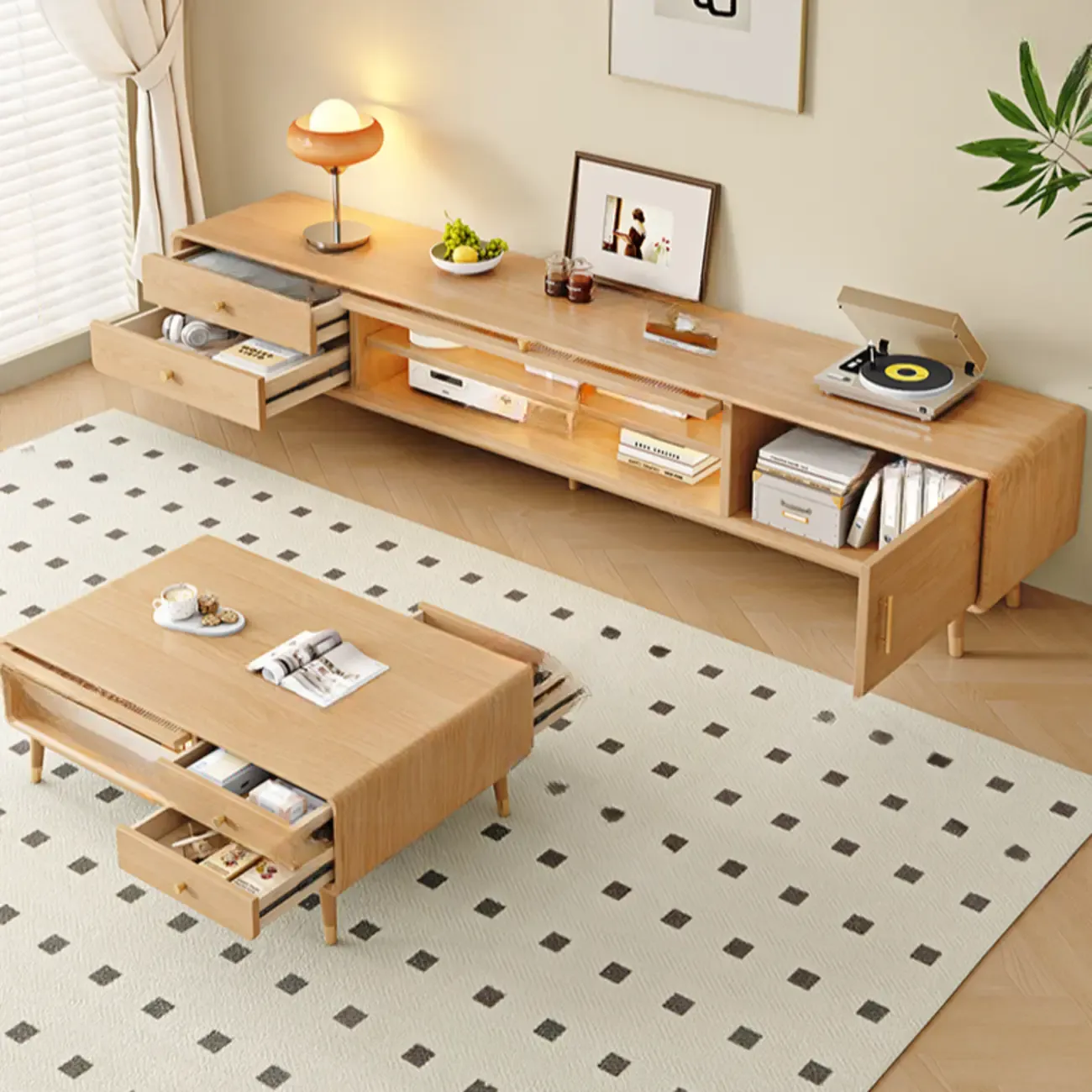 Scandinavian Natural Wood TV Stand with Storage Drawers Image - 3