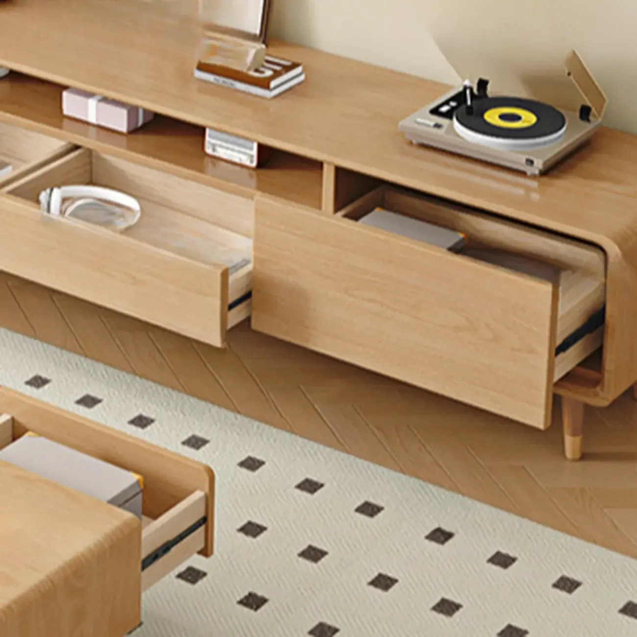 Scandinavian Natural Wood TV Stand with Storage Drawers Image - 11