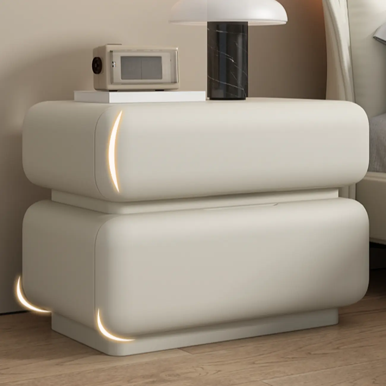 Modern Off-White Faux Leather 2-Drawer Nightstand Image - 4 | homeyfad