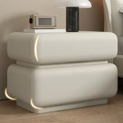 Modern Off-White Faux Leather 2-Drawer Nightstand Image - 4