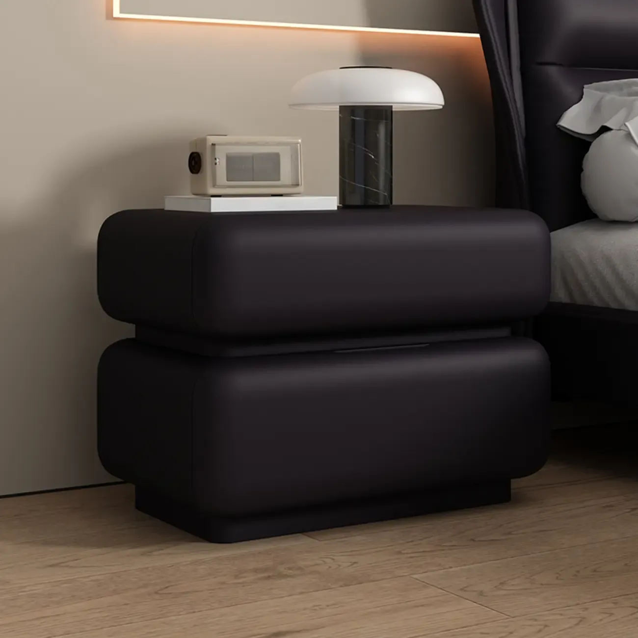 Modern Off-White Faux Leather 2-Drawer Nightstand Image - 6