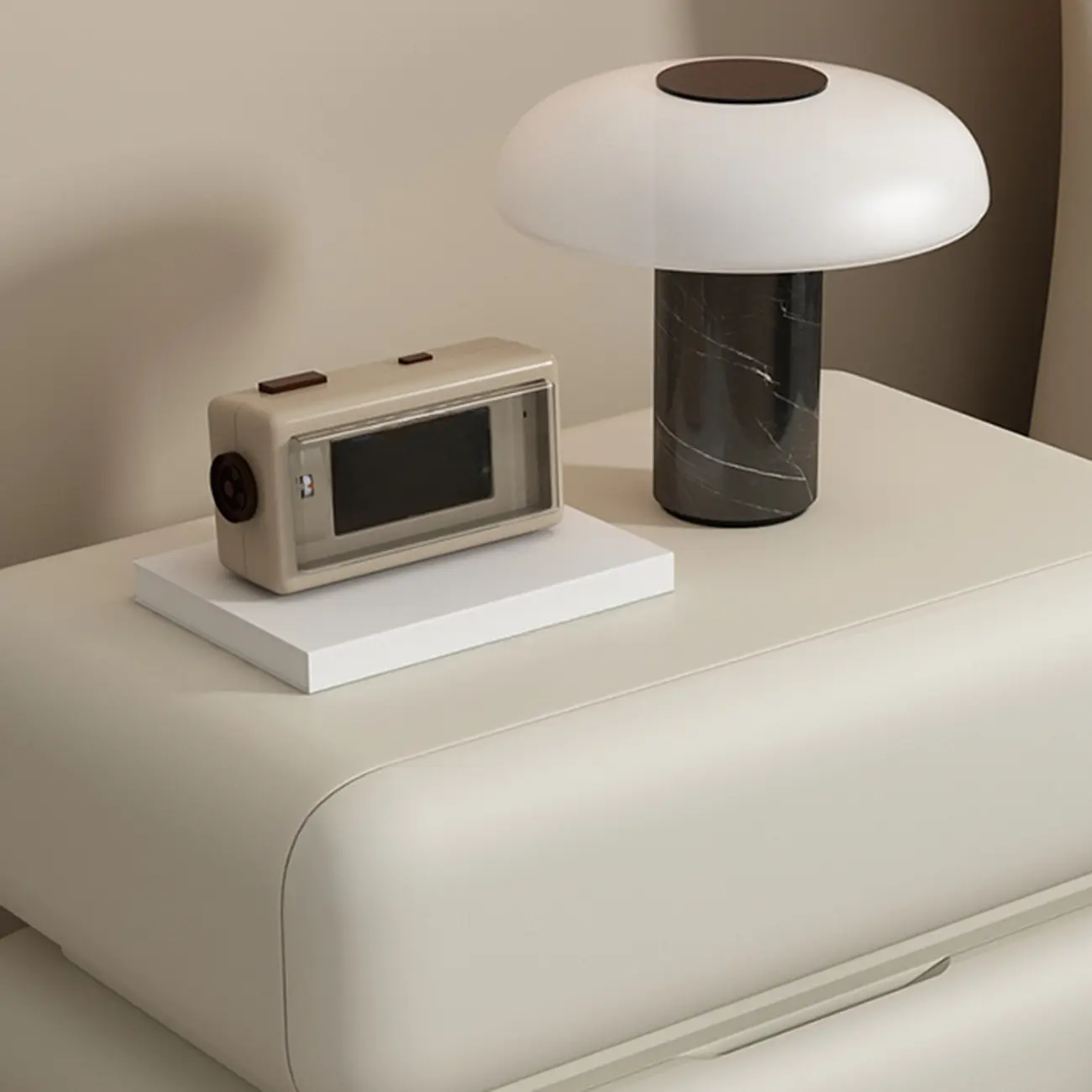 Modern Off-White Faux Leather 2-Drawer Nightstand Image - 3 | homeyfad