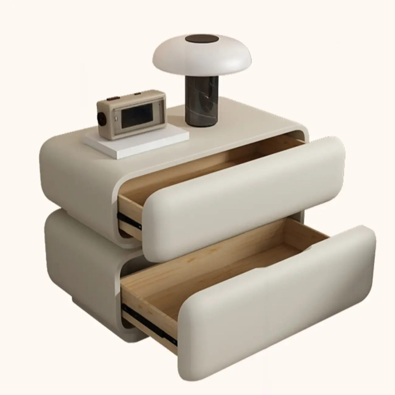 Modern Off-White Faux Leather 2-Drawer Nightstand Image - 7