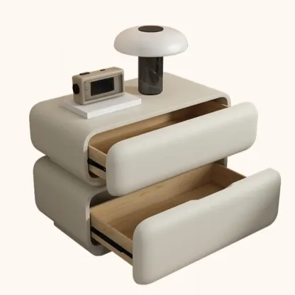 Modern Off-White Faux Leather 2-Drawer Nightstand Image - 7