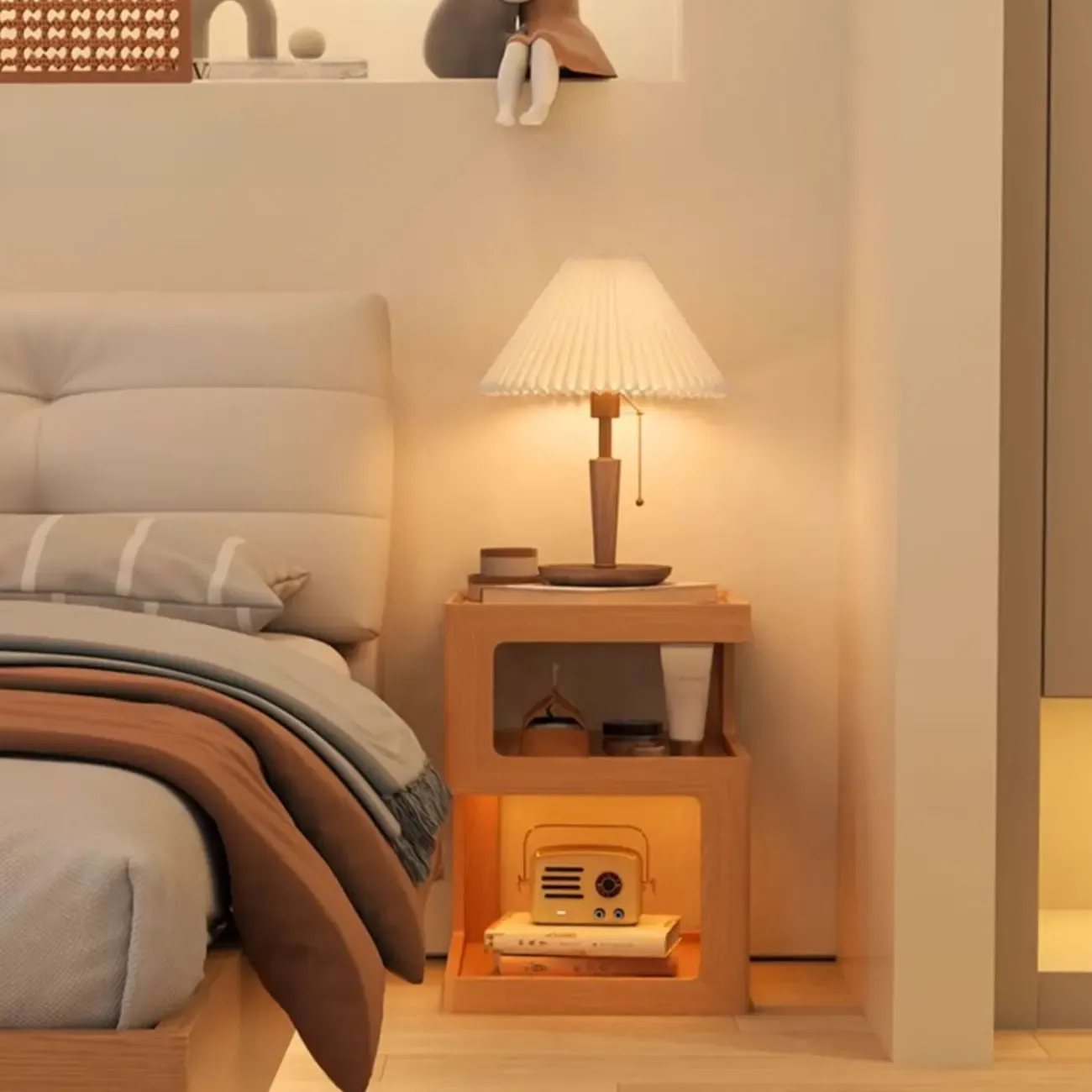 Elegant Narrow 3-Tier Natural Wood Nightstand with Glass Top Image - 4