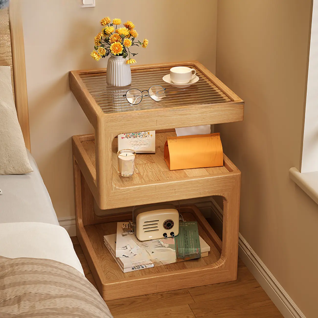 Narrow Natural Wood Glass Top Open Storage Nightstand Image - 1 | homeyfad