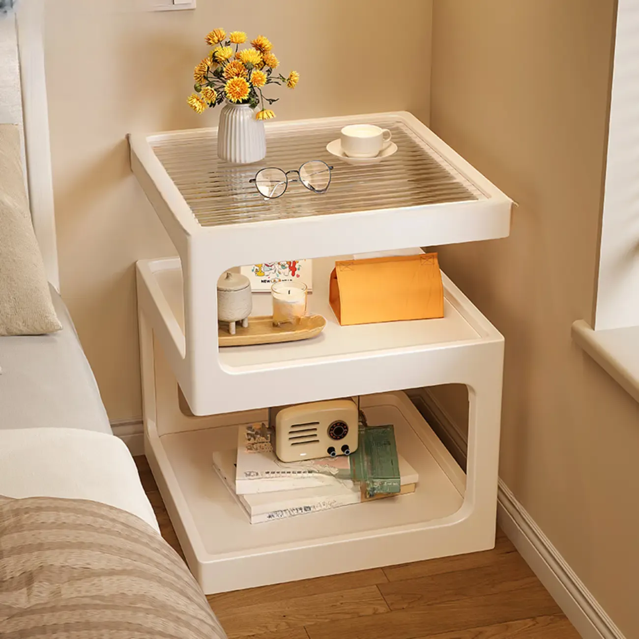 Elegant Narrow 3-Tier Natural Wood Nightstand with Glass Top Image - 2