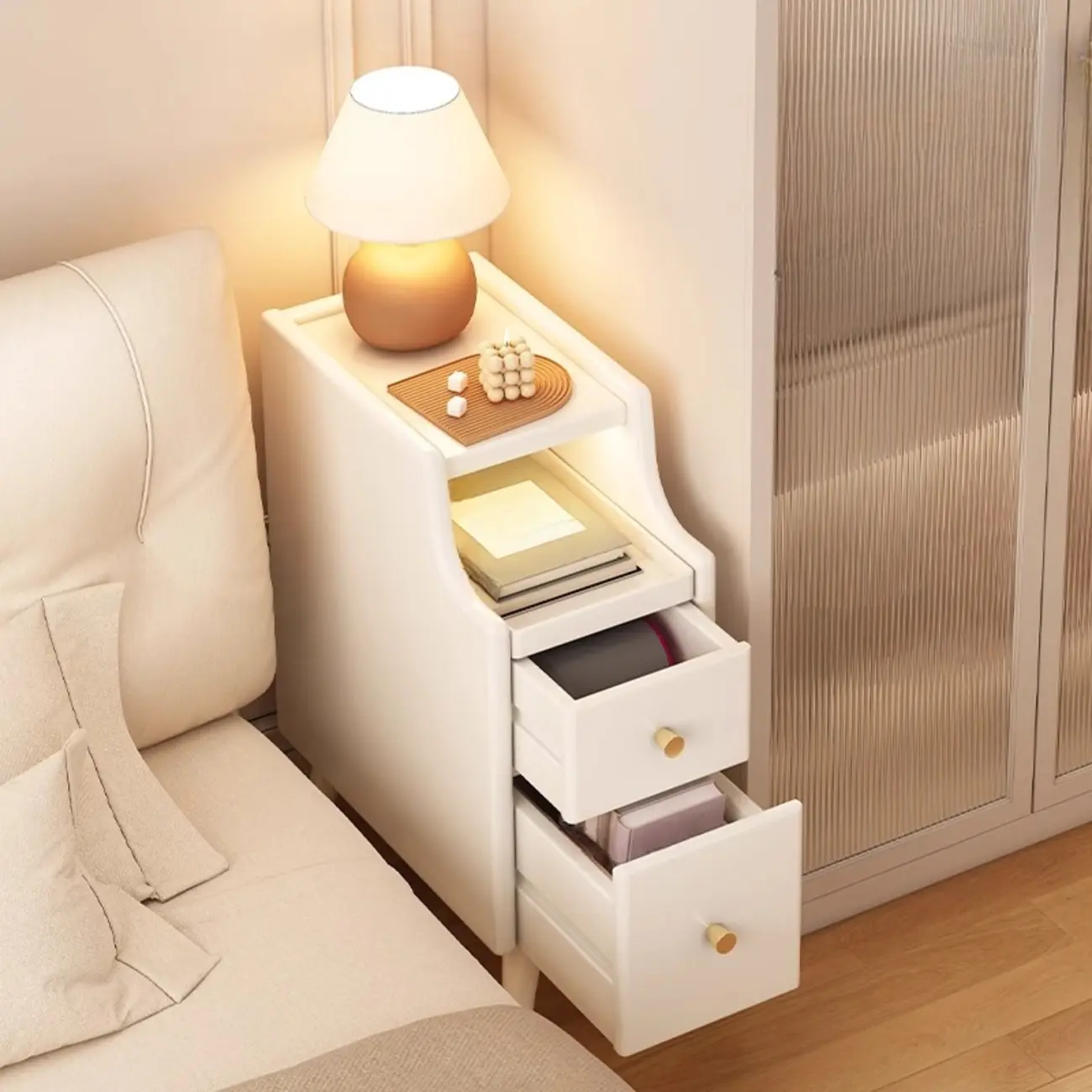 Scandinavian White Wood Nightstand with Shelves and Drawers Image - 2 | homeyfad