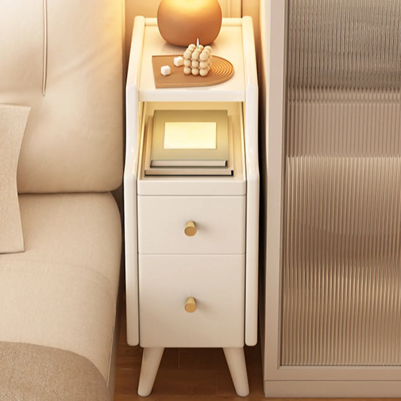 Scandinavian White Wood Nightstand with Shelves and Drawers Image - 1 | homeyfad