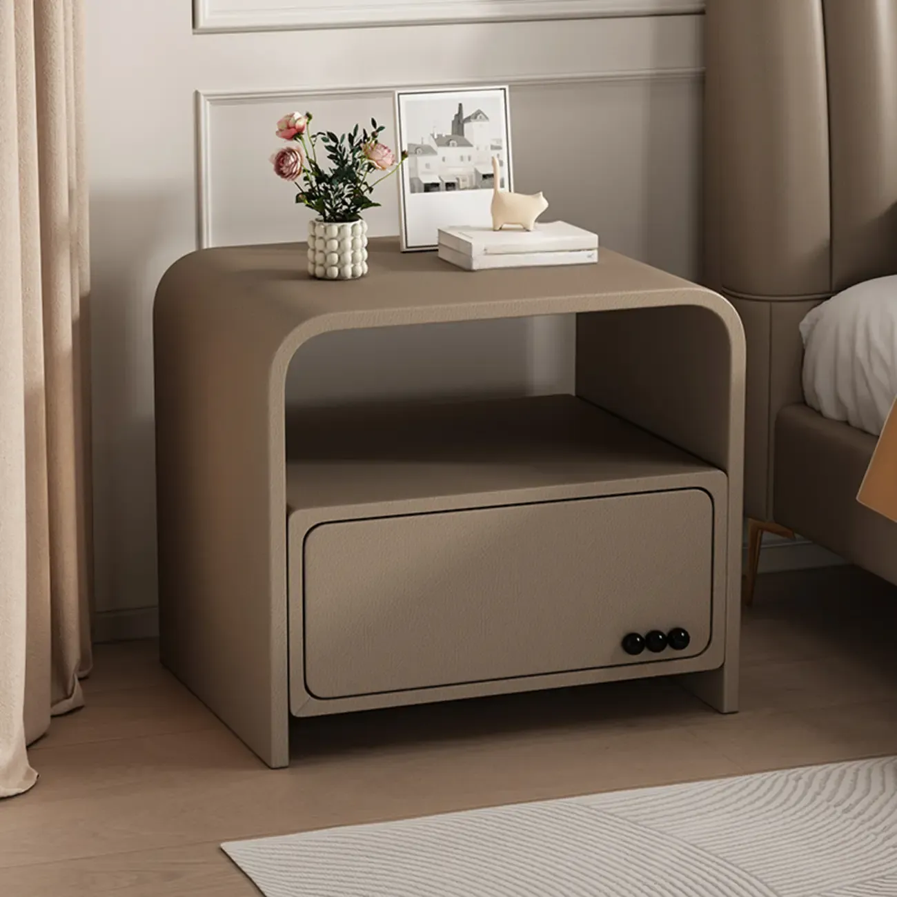 Elegant Modern White Faux Leather Wood Drawer Nightstand Image - 7