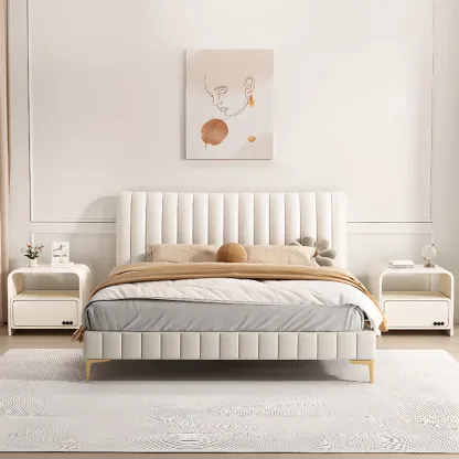 Elegant Modern White Faux Leather Wood Drawer Nightstand Image - 3