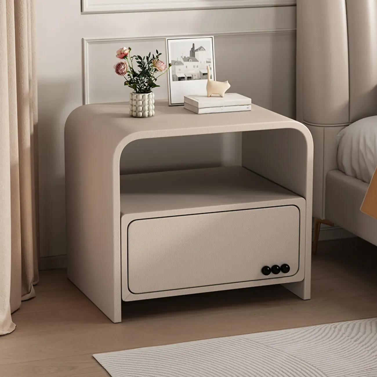 Elegant Modern White Faux Leather Wood Drawer Nightstand Image - 4