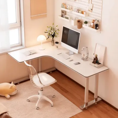 Minimalist L-Shaped Wooden White Corner Office Desk Image - 6