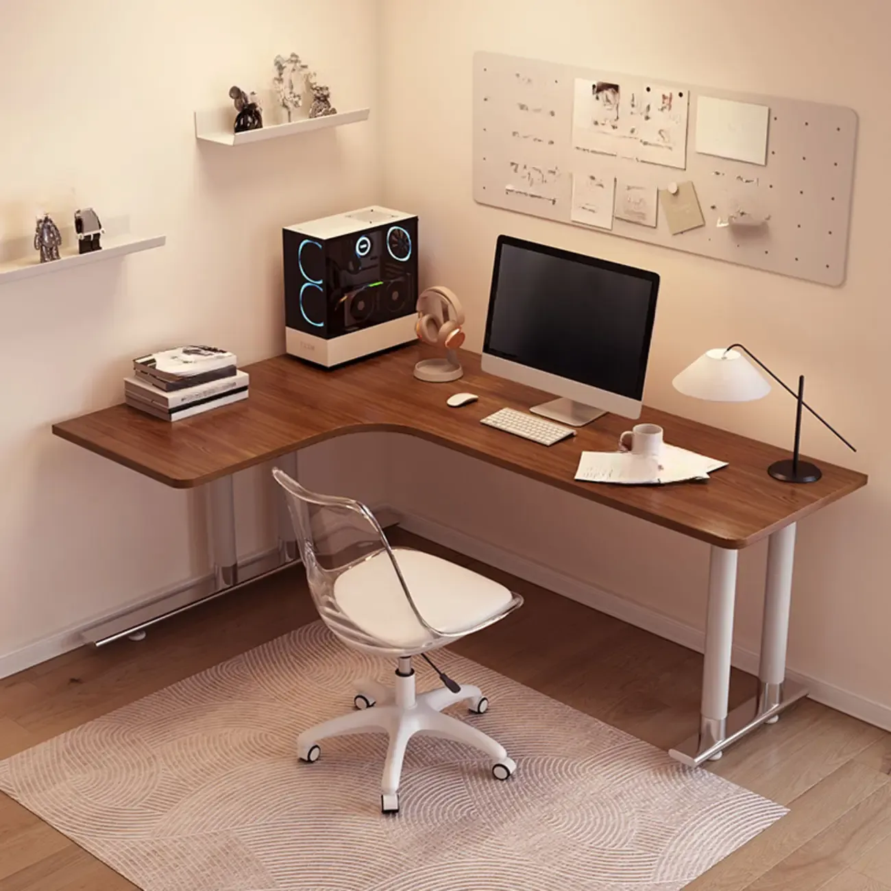 Minimalist L-Shaped Wooden White Corner Office Desk Image - 4