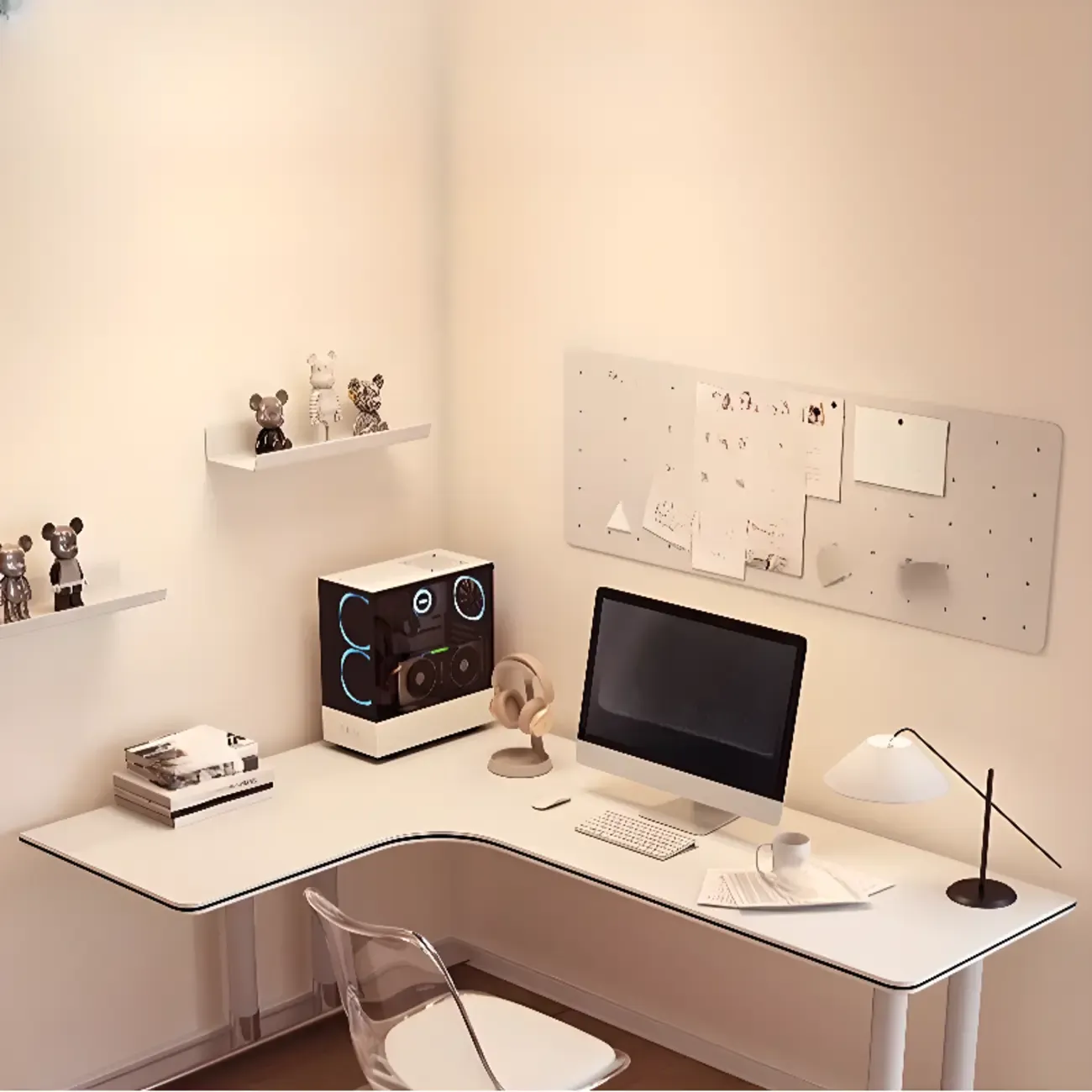 Minimalist L-Shaped Wooden White Corner Office Desk Image - 8