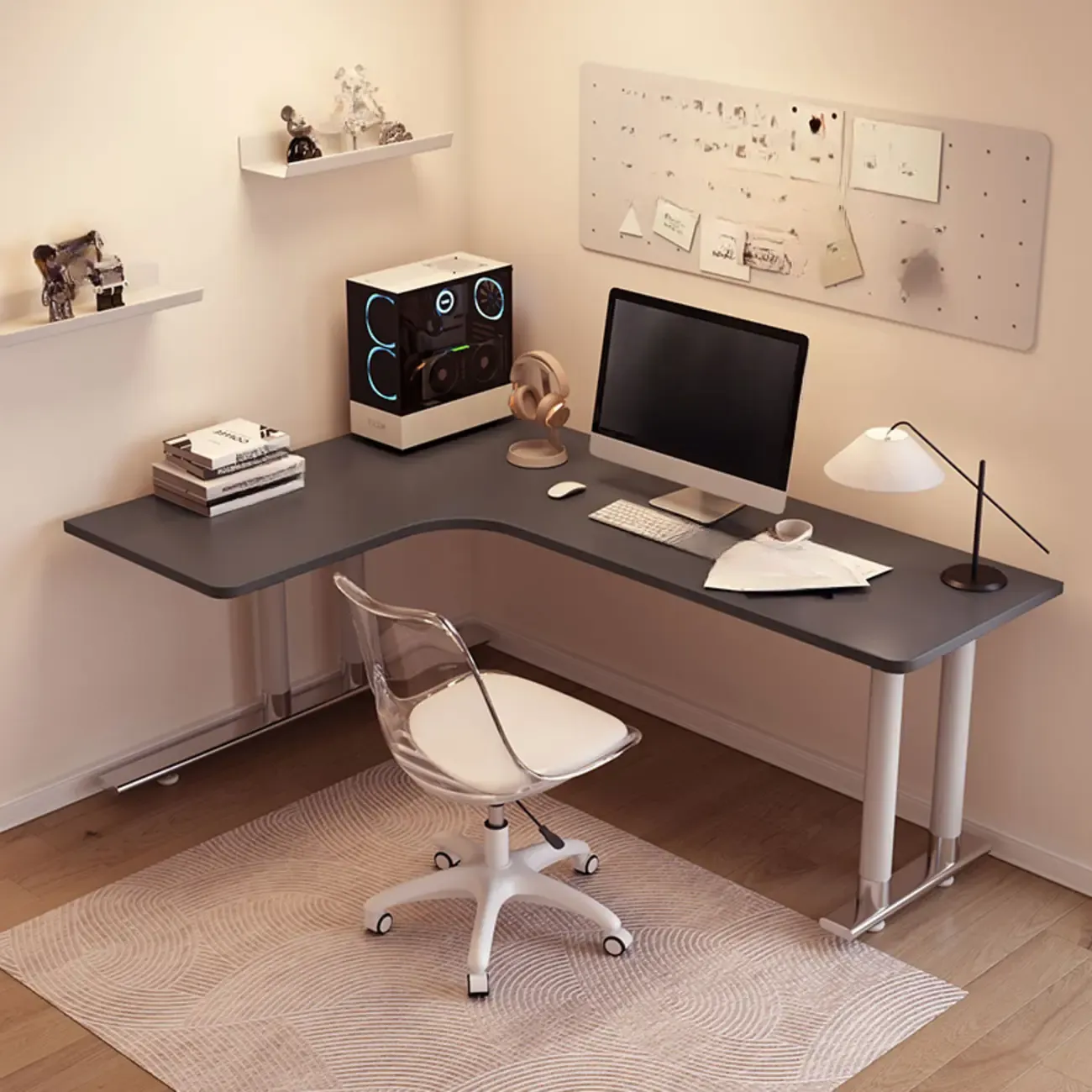 Minimalist L-Shaped Wooden White Corner Office Desk Image - 2
