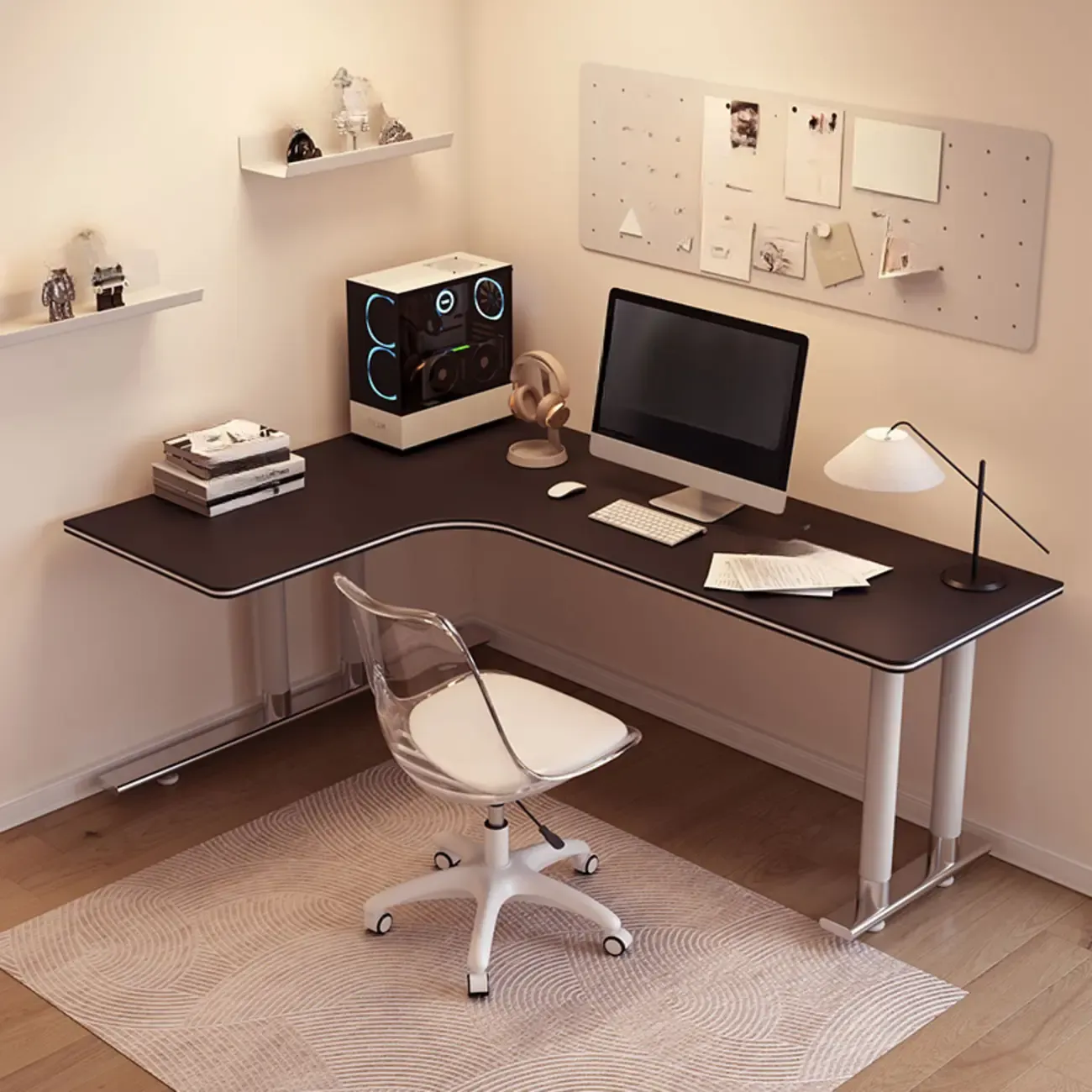 Minimalist L-Shaped Wooden White Corner Office Desk Image - 10