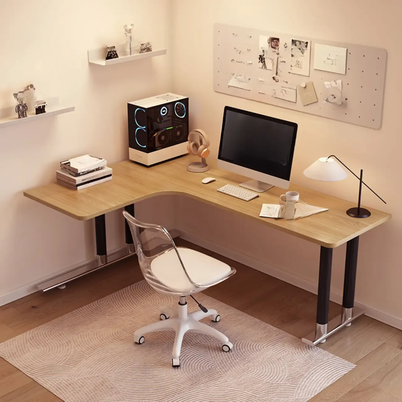 Minimalist L-Shaped Wooden White Corner Office Desk Image - 12