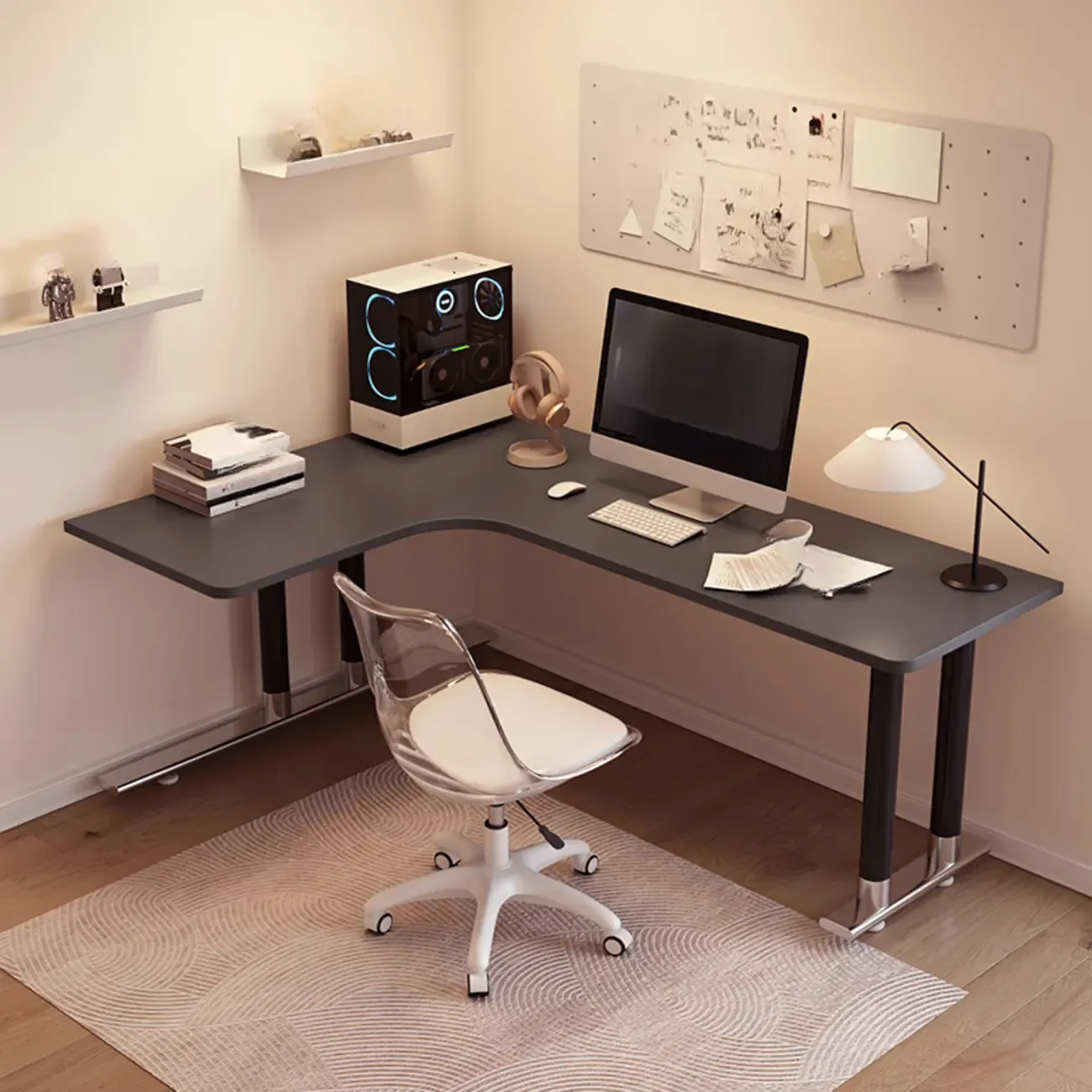 Minimalist L-Shaped Wooden White Corner Office Desk Image - 15