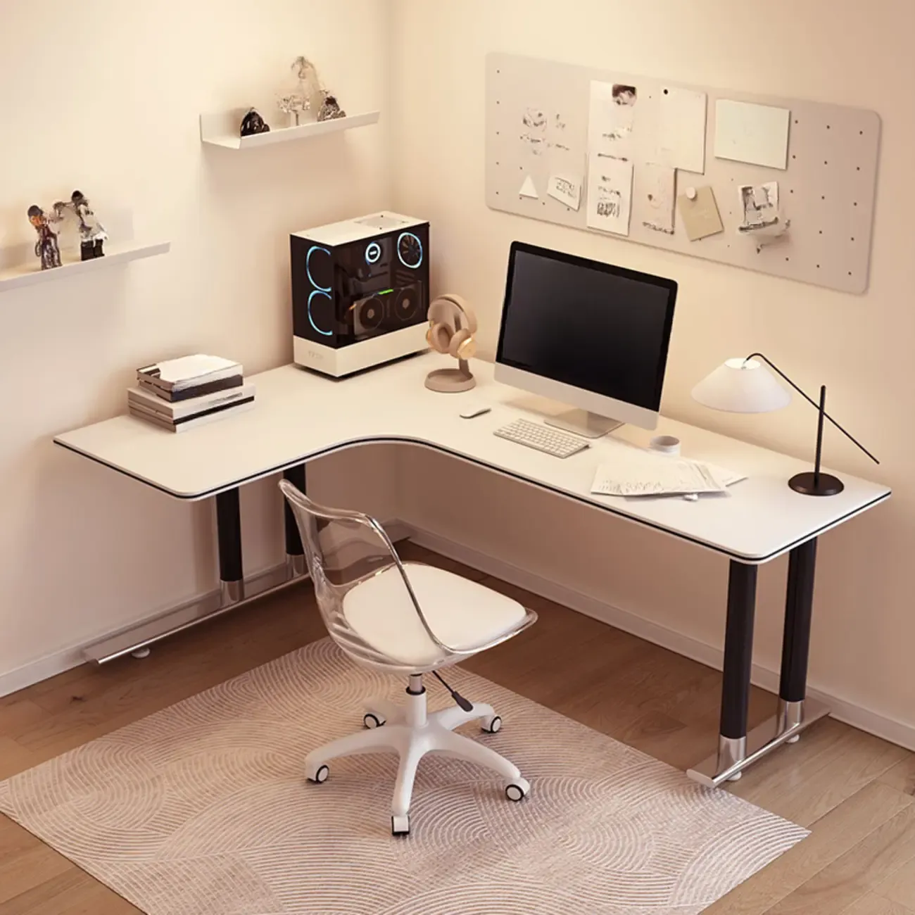 Minimalist L-Shaped Wooden White Corner Office Desk Image - 5