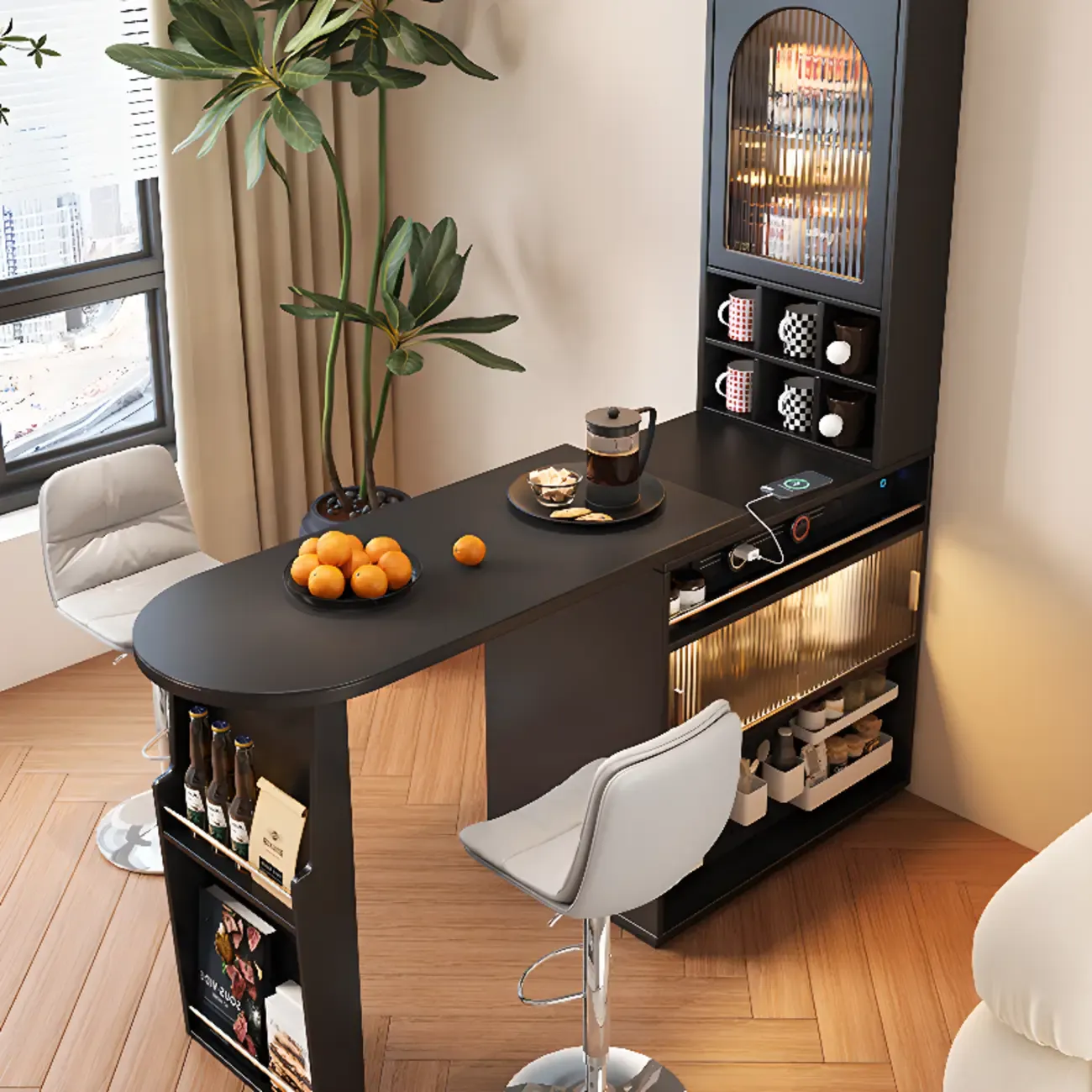 Modern Black Wood Convertible Space-Saving Storage Bar Tables Image - 1