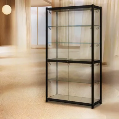 Modern Black Clear Glass LED Adjustable Display Cabinet Image - 7