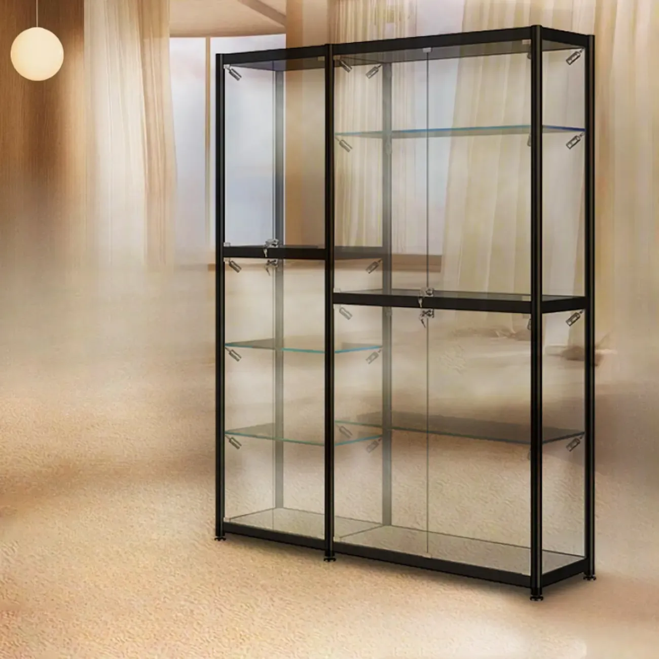 Modern Black Clear Glass LED Adjustable Display Cabinet Image - 8