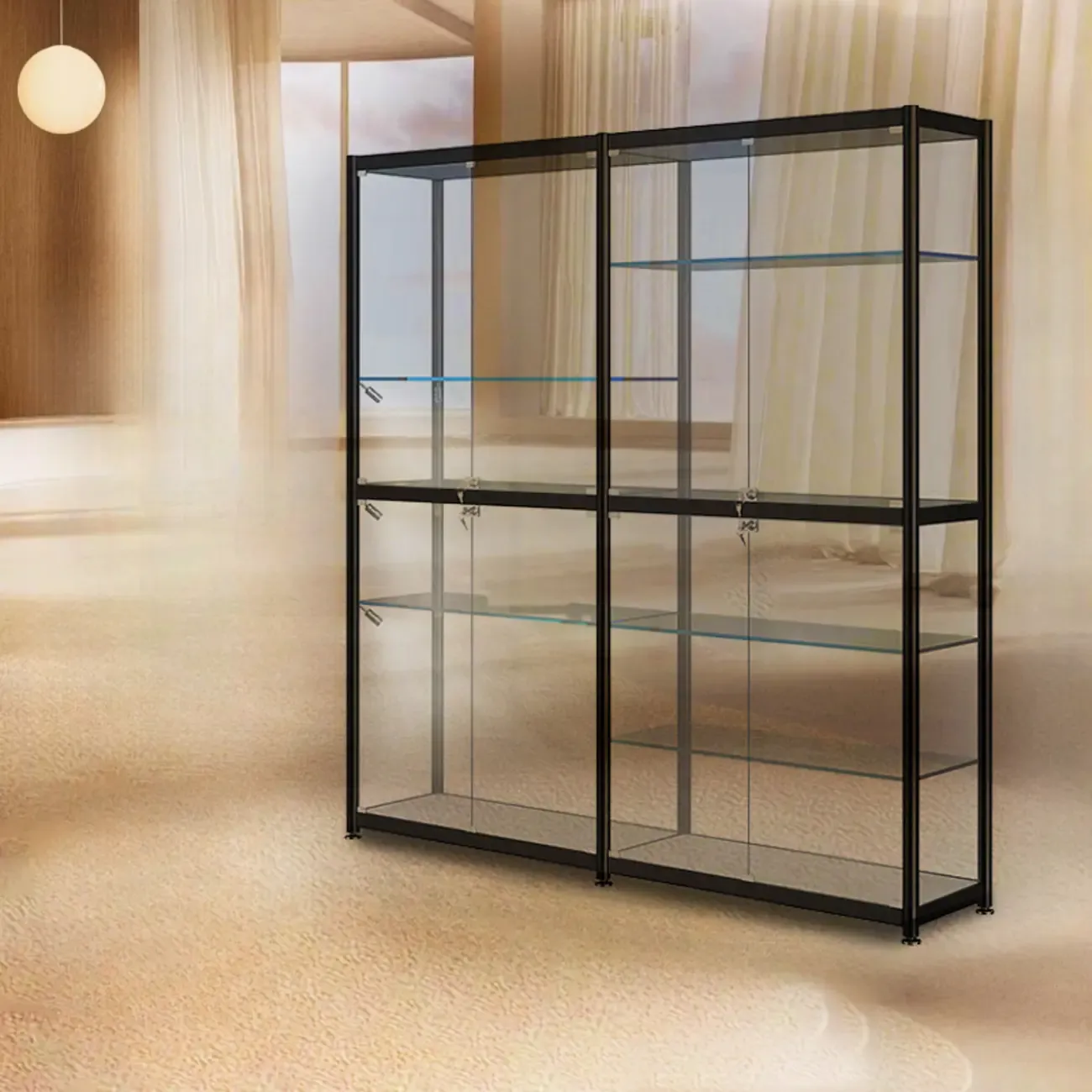 Modern Black Clear Glass LED Adjustable Display Cabinet Image - 9