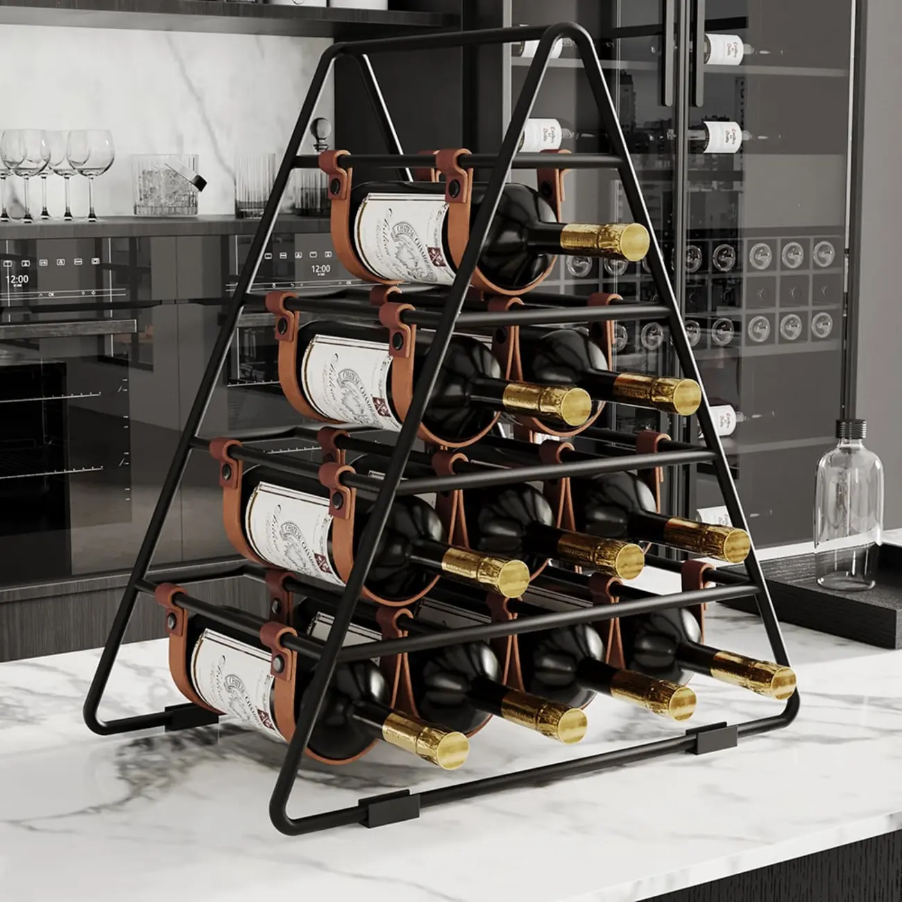 Industrial Black Metal Countertop Triangle 10 Bottles Wine Rack Holder Image - 1 | homeyfad