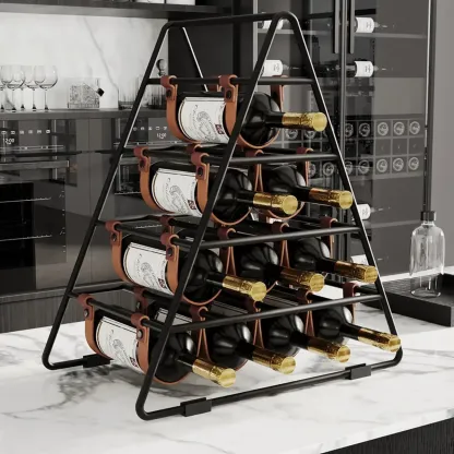 Industrial Black Metal Countertop Triangle 10 Bottles Wine Rack Holder Image - 1