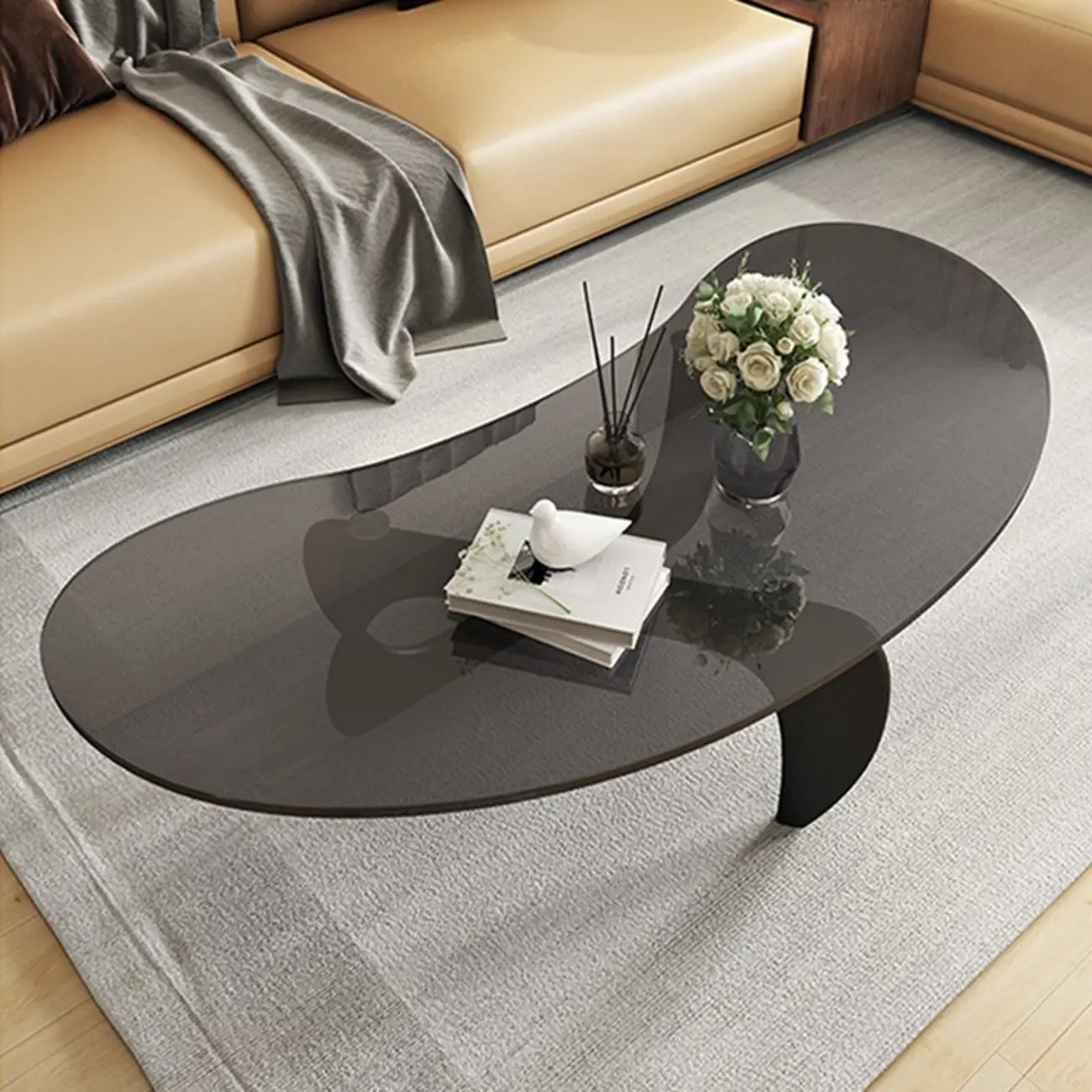 Nordic Free Form Glass Top Coffee Table in Abstract Base Image - 4 | homeyfad