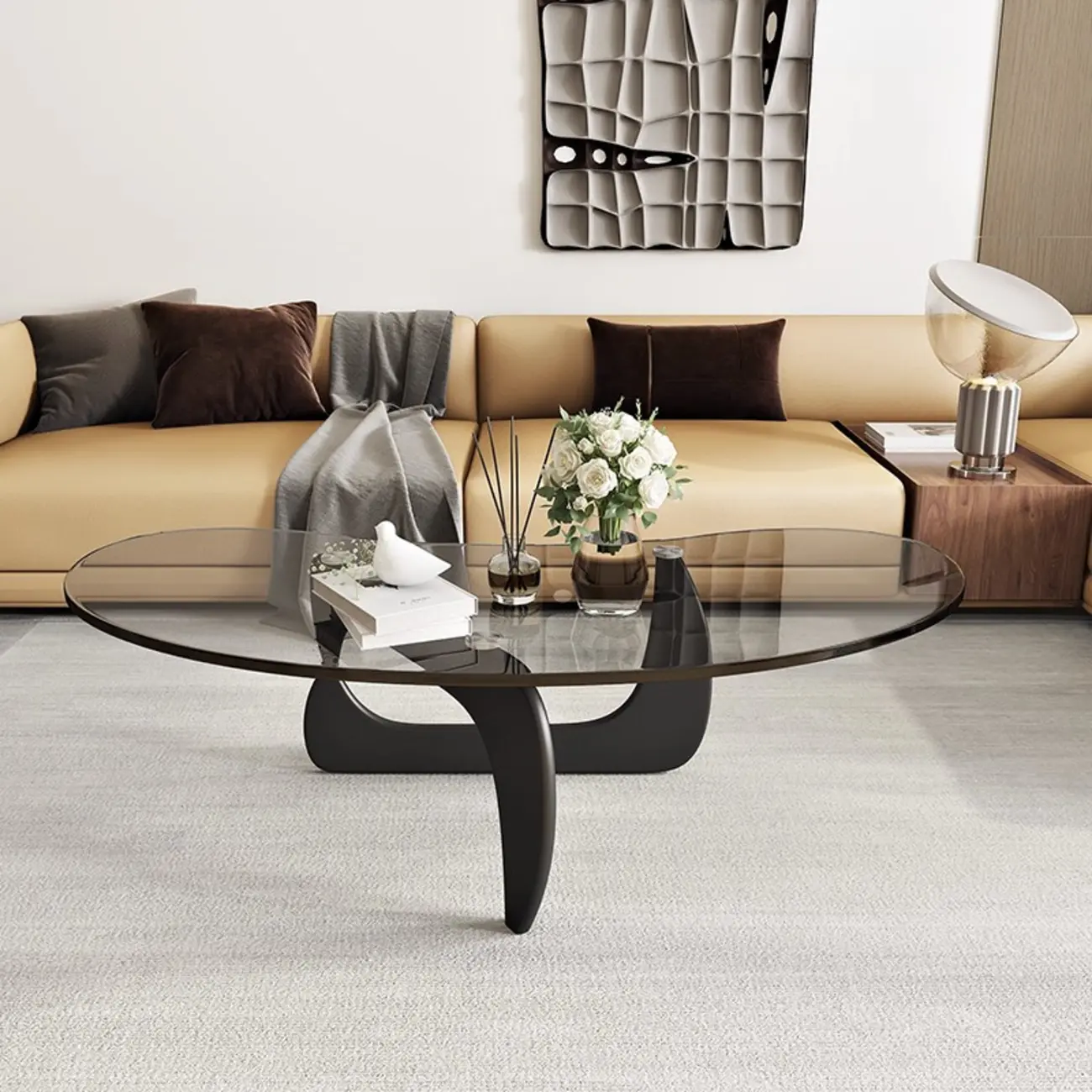 Nordic Free Form Glass Top Coffee Table in Abstract Base Image - 6 | homeyfad