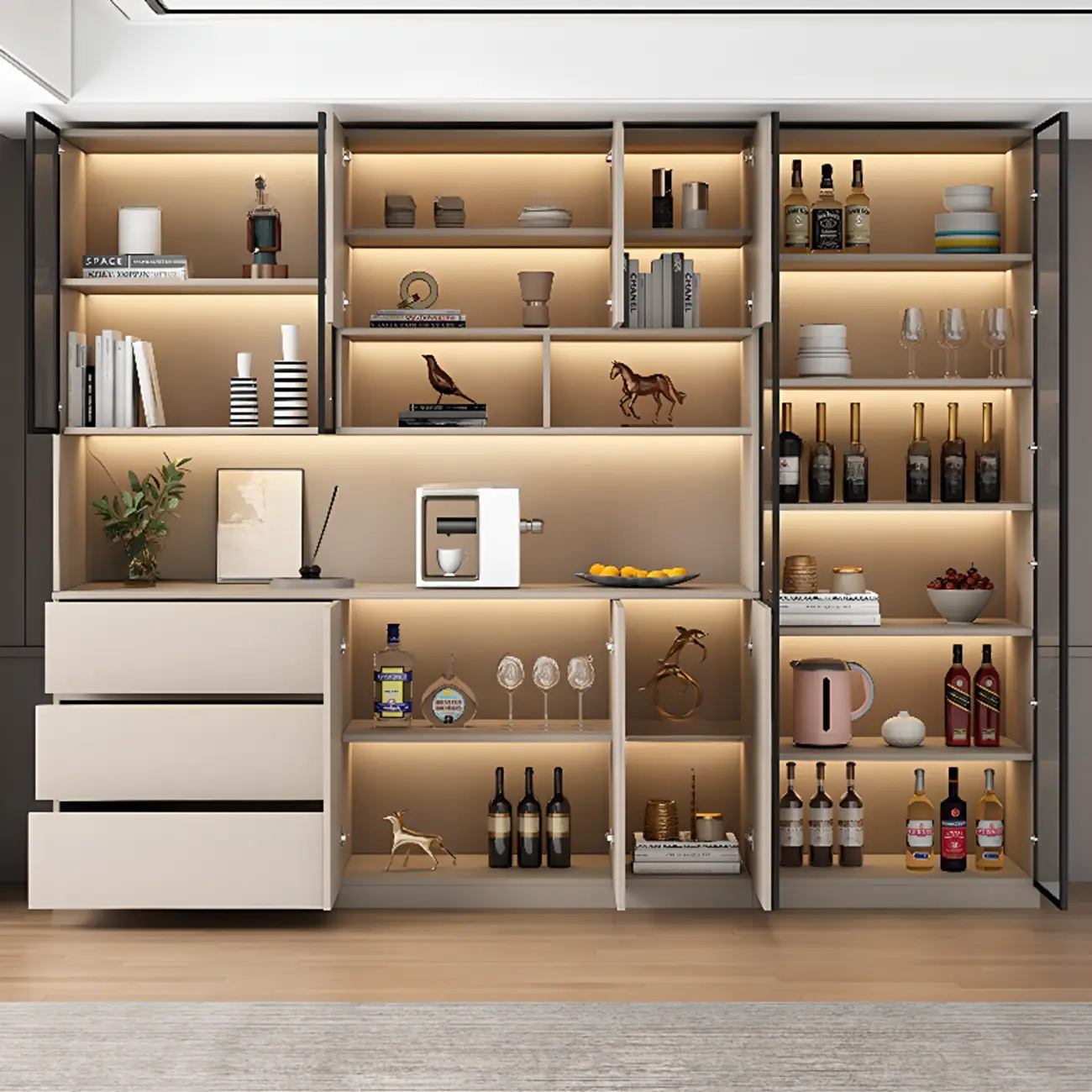 Freestanding Modern Tall Wood Open Storage Wine Cabinet Image - 4 | homeyfad