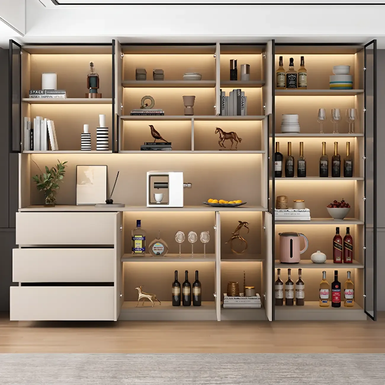 Freestanding Modern Tall Wood Open Storage Wine Cabinet Image - 4