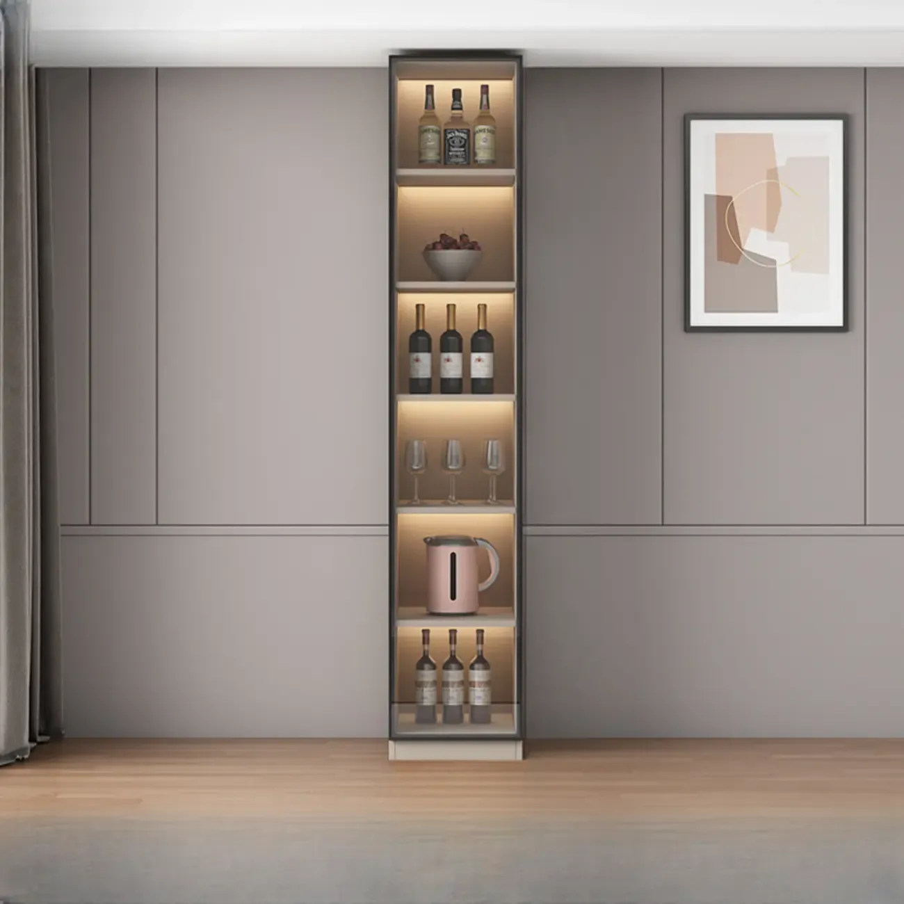 Freestanding Modern Tall Wood Open Storage Wine Cabinet Image - 8