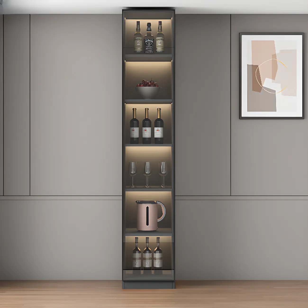 Freestanding Modern Tall Wood Open Storage Wine Cabinet Image - 9 | homeyfad