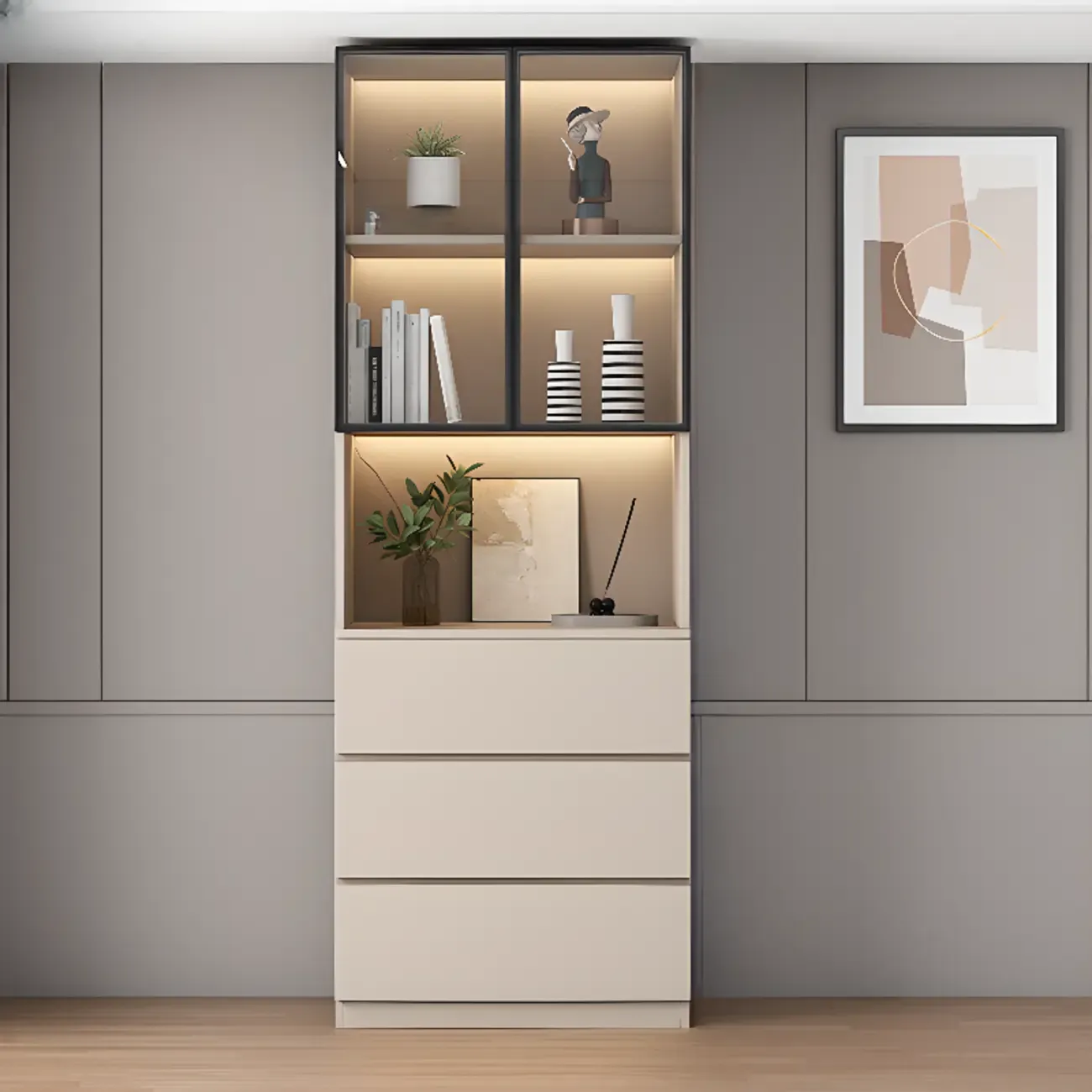 Freestanding Modern Tall Wood Open Storage Wine Cabinet Image - 10